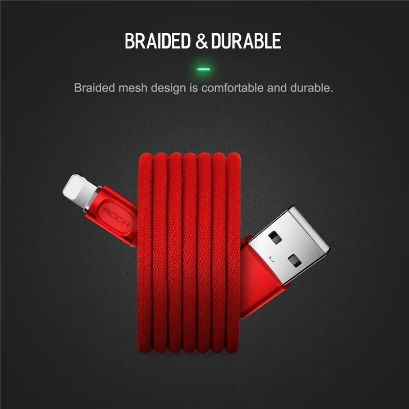 USB кабель ROCK для iPhone X 8 7 6 2 1 А со светодиодной подсветкой с функцией быстрой