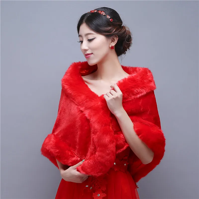 Красный Искусственного Меха Зимняя Свадьба Пальто Кабо Болеро Куртка Венчания