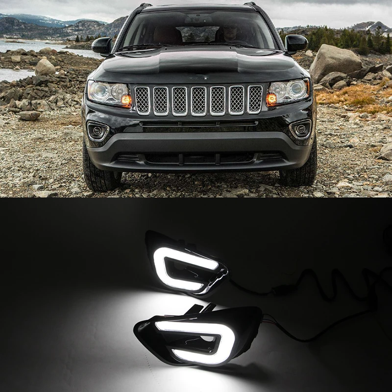 Автомобильный мигающий для Jeep Compass 2011 2012 2013 светодиодный DRL Дневной светильник, дневной ходовой светильник, противотуманный светильник s с поворотным светильник