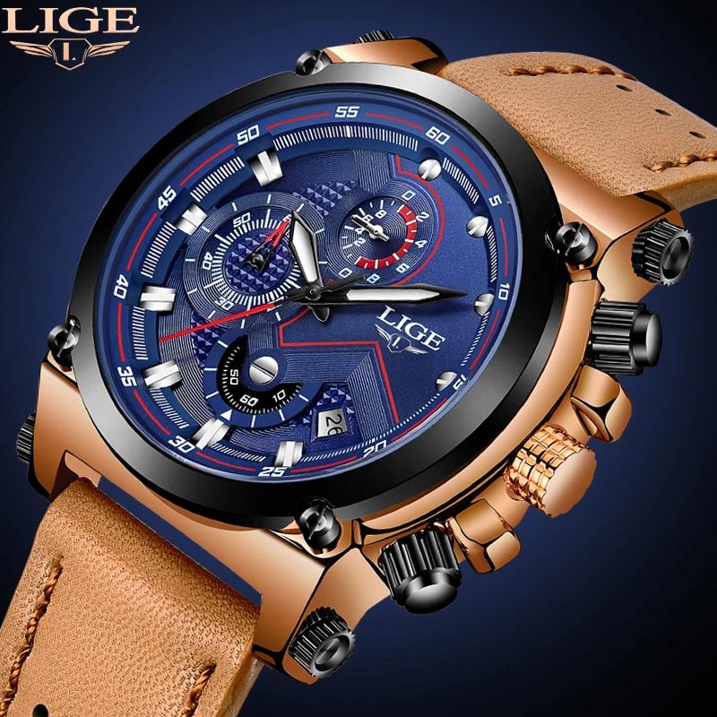 LIGE часы Мужская Мода Спортивные кварцевые Большой циферблат часов кожа Для