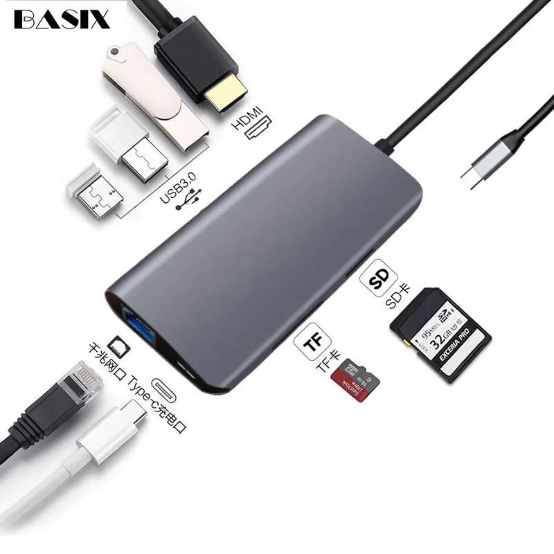 USB концентратор Basix с разъемами 3 1 типа C и HDMI/USB 0/RJ45/SD/TF/PD|USB-хабы| |