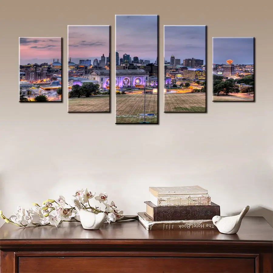 5 панелей закат из города Канзас освещение здание пейзаж картина на стену
