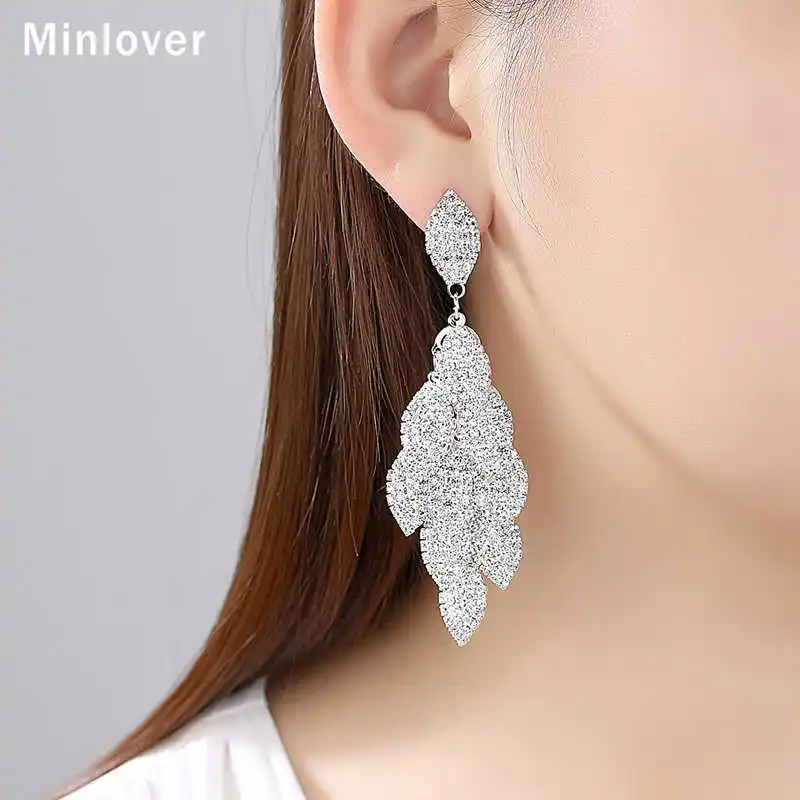 Minlover серебристый лист форма горный хрусталь Свадебные Висячие серьги для женщин