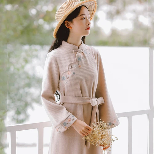 Women Vintage Embroidery Cheongsam Collar Dress 2019 Spring New Hot Fashion Female Casual Long Sleeve Dresses With Belt | Женская одежда