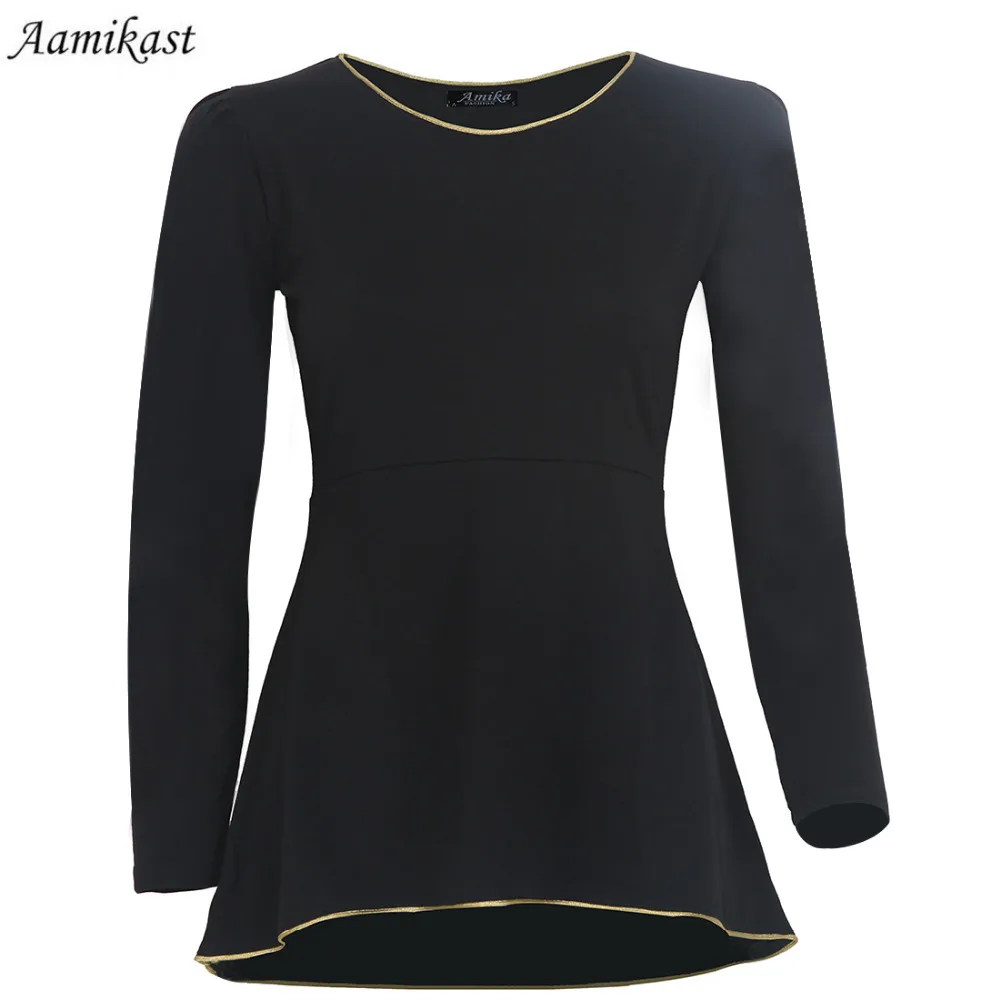 New Fashion T-shirt Sexy Womens Tunic Gold Hem Long Sleeves Fitted Peplum Tops Shirts D0006 | Женская одежда