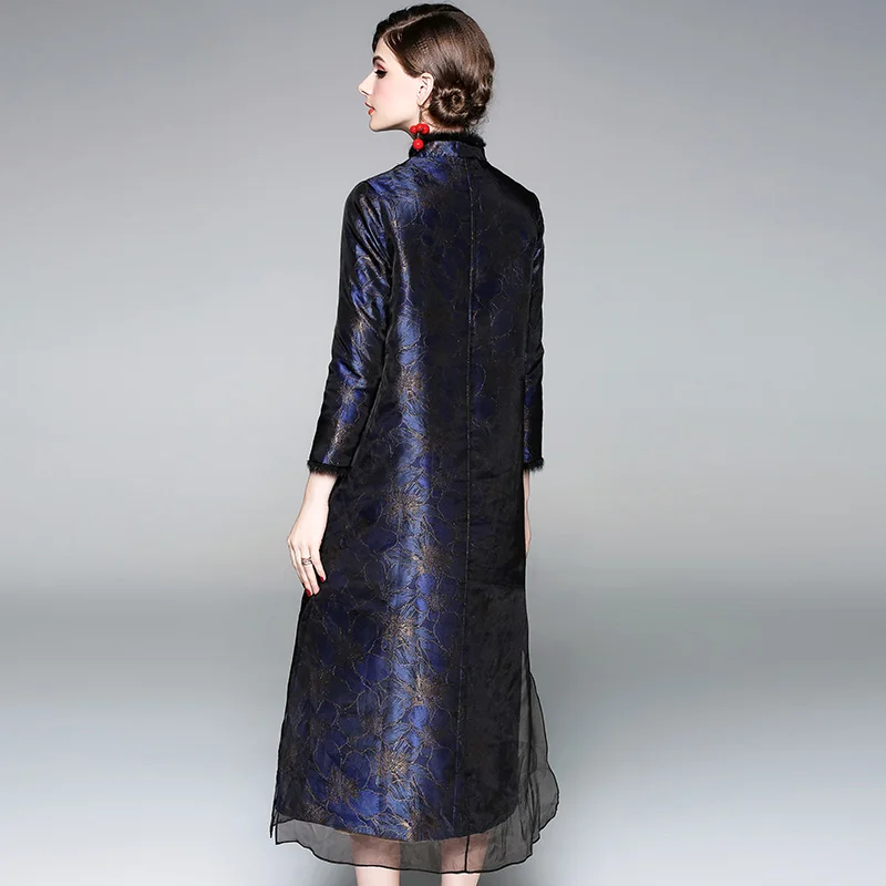 Для женщин темно-голубое платье зимняя одежда Cheongsam платья вышивка женский