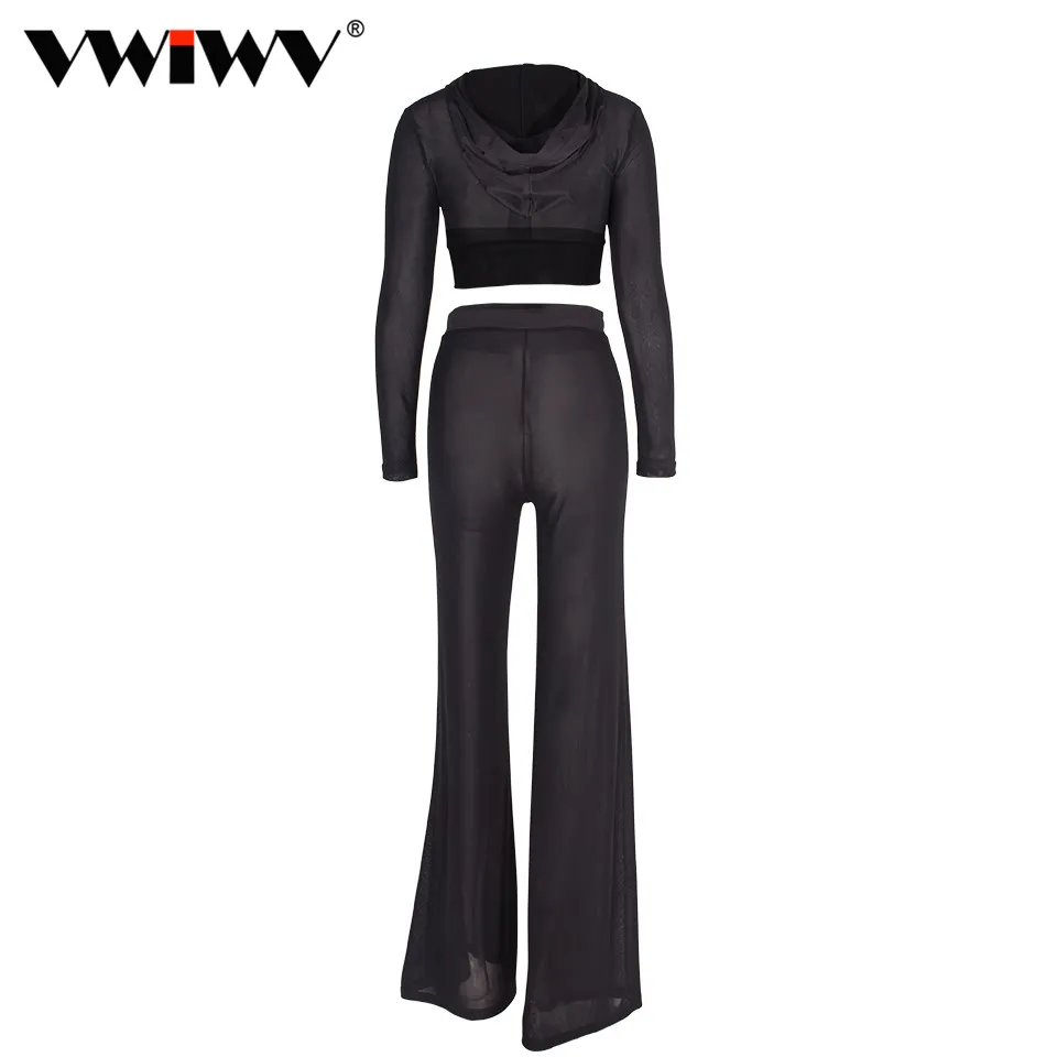 VWIWV женский короткий топ и штаны с капюшоном из прозрачной сетки комплект двух