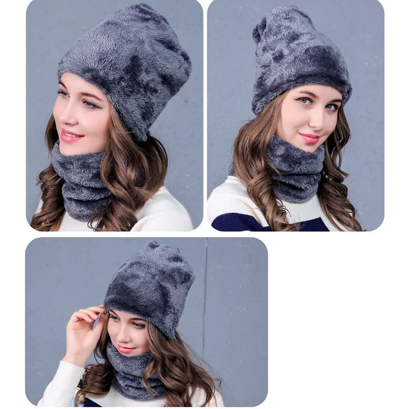 MAXMESSY Winter Fleece Hat Scarf For Women Thick Knitted Warm Sets Beanies Ring Outdoor Wear 2Pcs/Set MH141 |