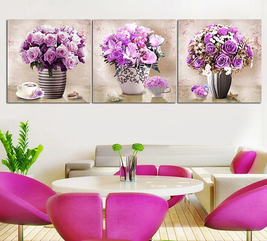 

Printed Painting modern home decorative Painting Purple flowers Painting on canvas 3 Panel Wall art With Framed W0144