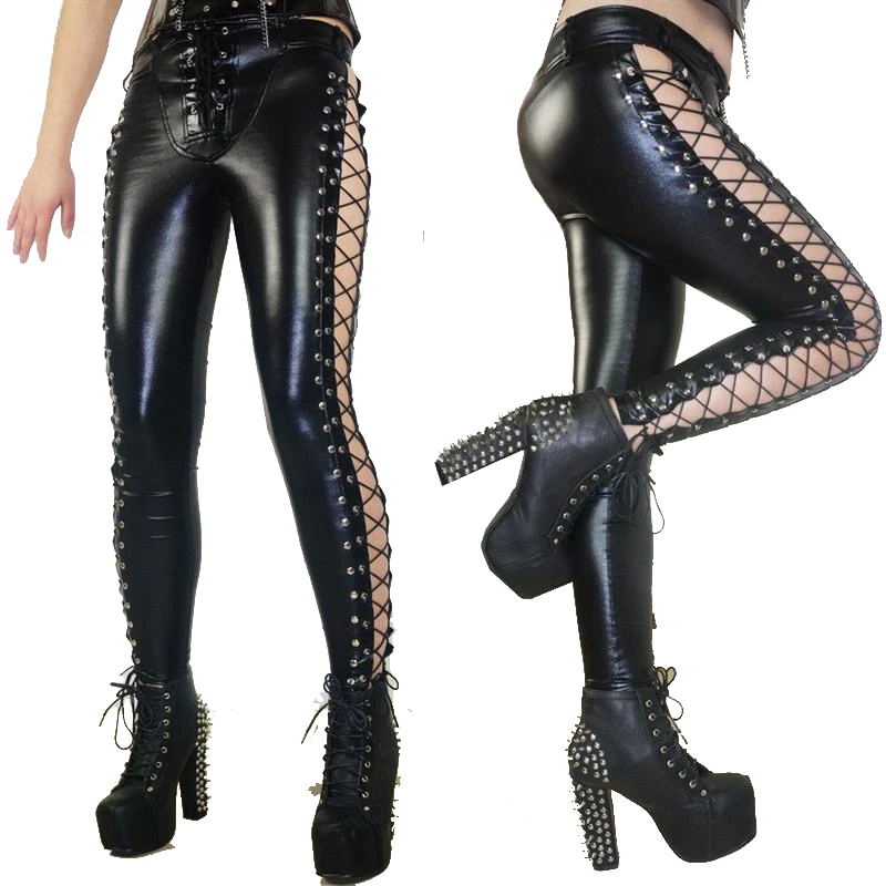 

2017 New Gothic Steampunk Pants Clothing Women Laced Up Gothic Punk Rock Leggings Heavy Metal Clothing Studded Faux Leather Pant