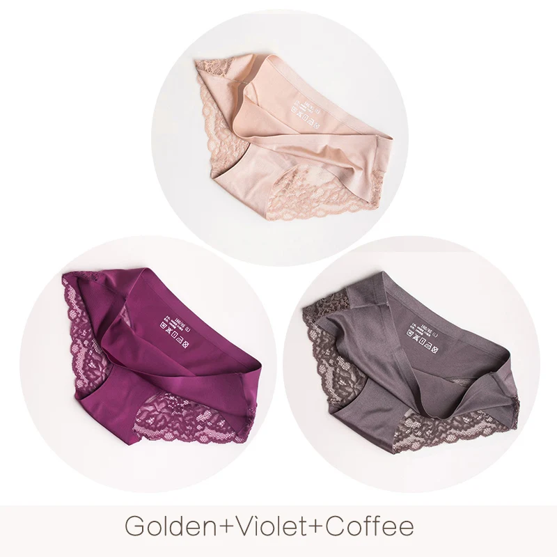 Golden Violet Coffee Женские бесшовные трусы DULASI, откровенные нейлоновые трусы с хлопковой ластовицей и прозрачным кружевом, 3 шт./набор - Цвет: Golden Violet Coffee