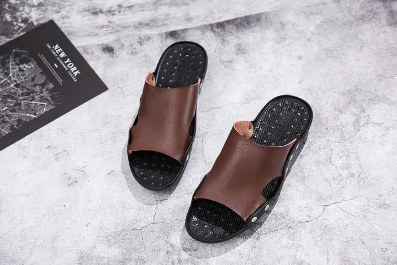 Mazefeng Summer Genuine Leather Slippers High Quality Men Sandals Rivet Beach Mens Slippers Platform Male Sandals Rubber Shoes