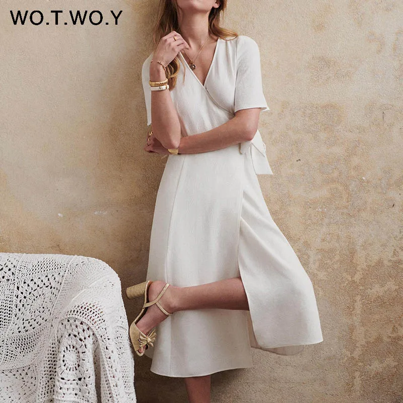 D19028White WOTWOY белые черные платья кимоно женское с v-образным вырезом сексуальное Летнее Длинное Платье Макси расклешенное с коротким рукавом женские свободные платья до середины икры - Цвет: D19028White