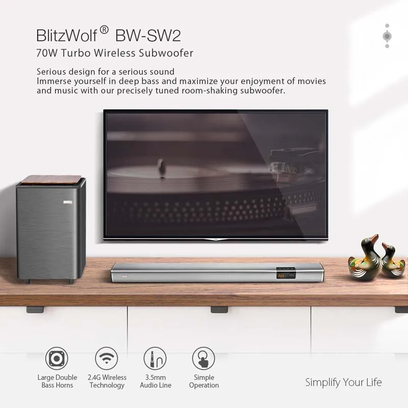 BlitzWolf BW SW2 70 Вт турбо 2 4 г беспроводной сабвуфер большой двойной бас деревянные