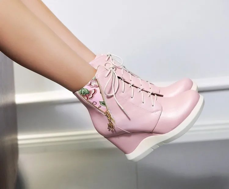 Womens Shoes Floral Printed Wedge High Heel Platform Ankle Boots PU Leather Casual Sneakers Side Zip 3Colors Korean Style A1168