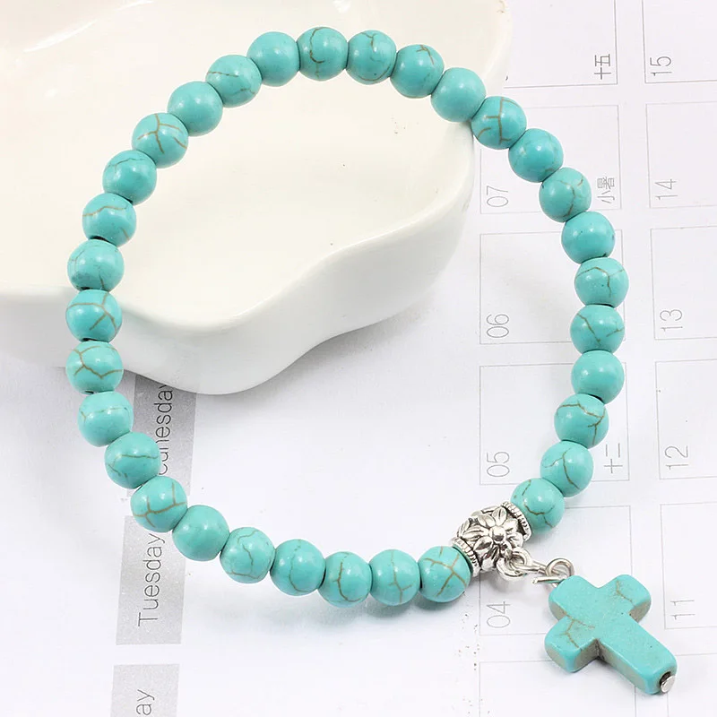 

Natural Matte Black Stone Beads Strand Bracelets for Women Men Jesus Cross Charms Beaded Bracelet Jewelry Accessories