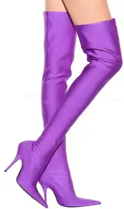 Spring 2017 Women Bright Violet Blue Green Black Elastic Silk Slim Pointed Toe Over The Knee Thigh High Heel Boots