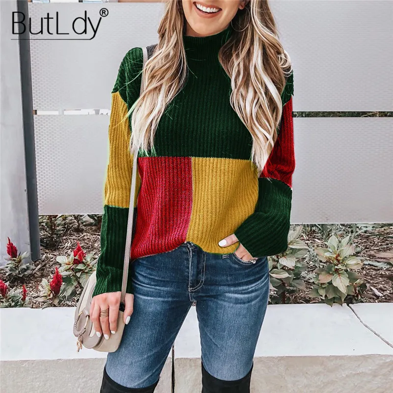Color Block Patchwork Casual Sweater Women Knitting Pullover Long Sleeve Chic Knitwear Tops Winter Fashion 2018 Jumpers Ladies | Женская