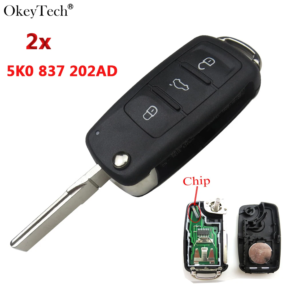 Okeytech 2 шт./лот дистанционный ключ 434 МГц ID48 чип 5K0837202AD 3 кнопки для VW Volkswagen GOLF PASSAT Tiguan
