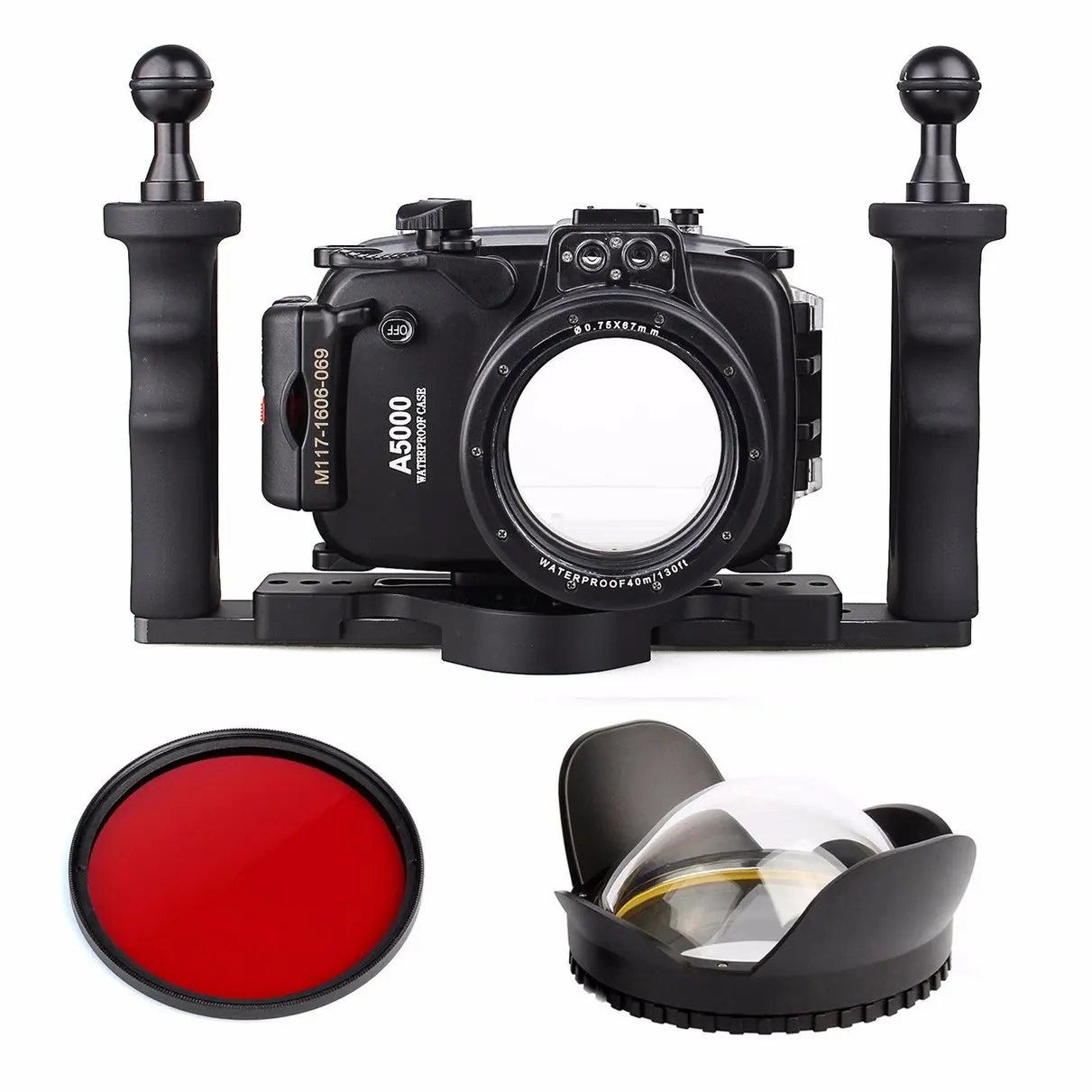 

40m Waterproof Underwater Diving Camera Case For Sony A5000 16-50mm + Two Hands Aluminium Tray + 67mm Fisheye Lens + Red Filter