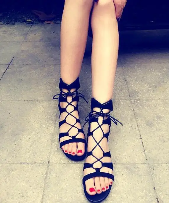 Faux Suede Leather Women Lace Up Flat Sandals Cut Out Style Ladies Cage Slingback Summer Fashion Dress Shoes | Обувь