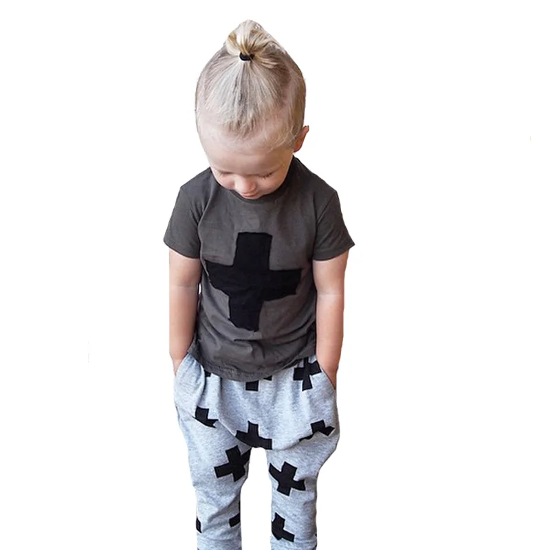

SOSOCOER 2017 Summer Kids Clothing Sets Cartoon Cross Pattern Short Sleeve T-shirt+Pants 2pcs Boys Casual Suits Children Clothes