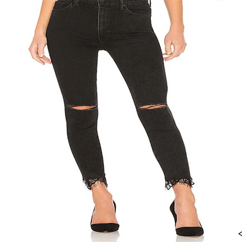 New Bursting Women's Jean High Waist Lace Elastic Black Denim with Hole Woman Trousers Long Pants Female Clothing |