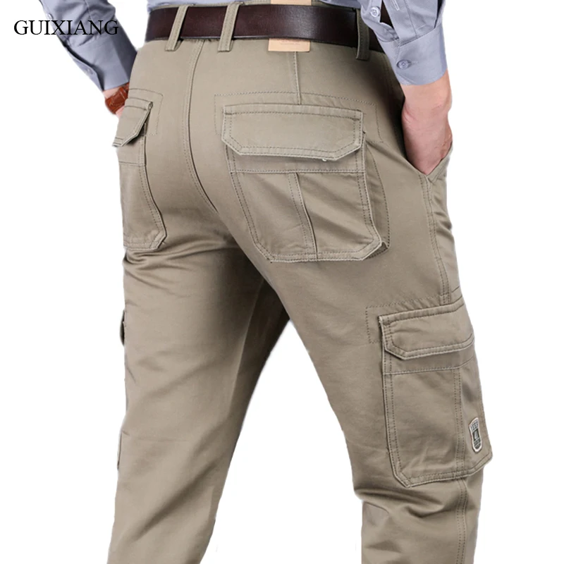 

2018 New Arrival Style Men Boutique Leisure Cargo Pants Fashion Casual Solid Pockets Straight Men's Thick Trousers Size 30-42