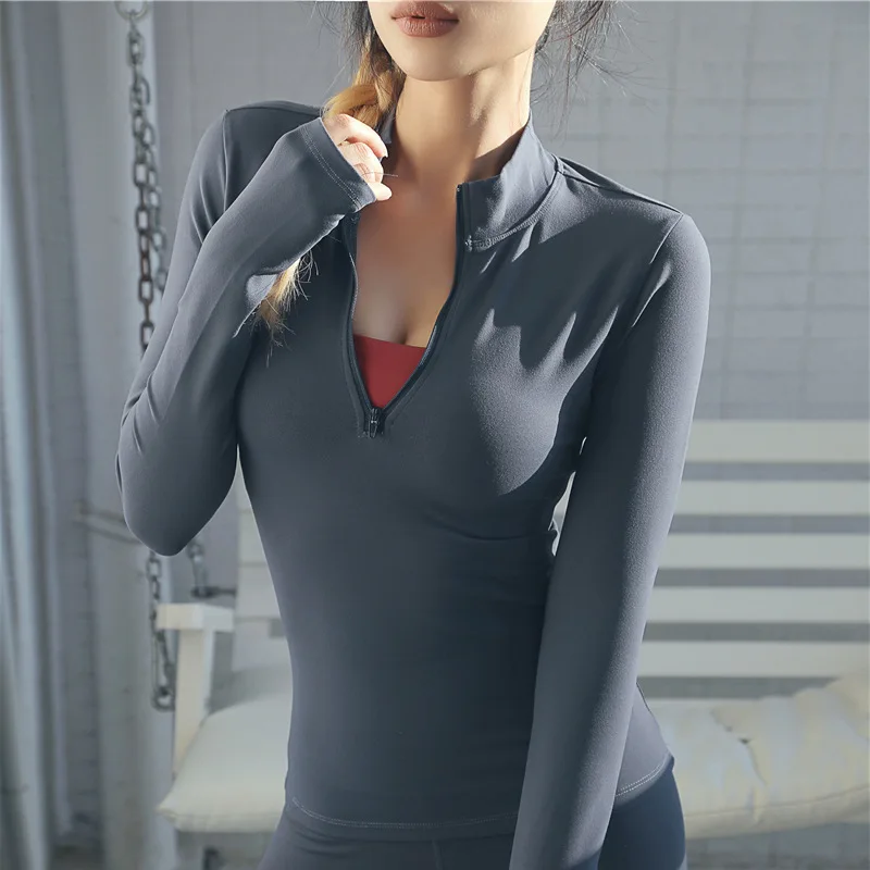 Для женщин yoga Новый Половина Молнии Фитнес рубашки Slim Fit нейлон тренировки