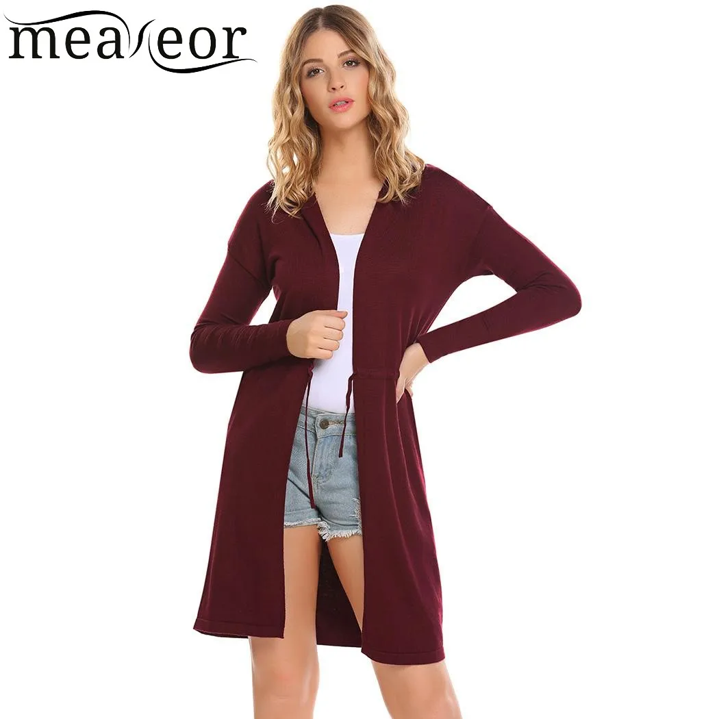Meaneor Women Hooded Cardigan Sweaters Casual Long Sleeve Solid Open Stitch Drawstring Slim Knit Female Outwear Tops |