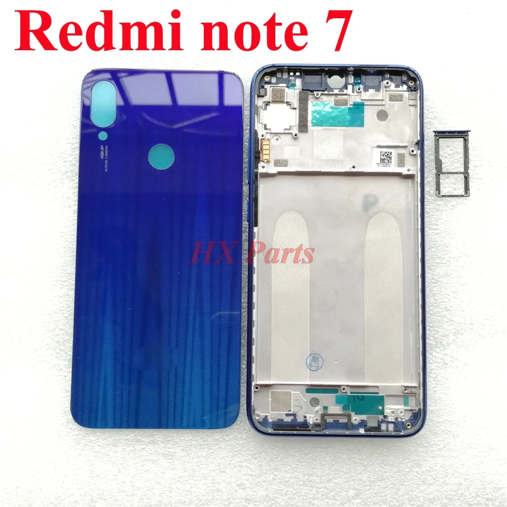Для Xiaomi Redmi Note 7 Передняя рамка Корпус+ стеклянная крышка батареи задняя дверь+ Замена sim-лотка черный/красный/синий