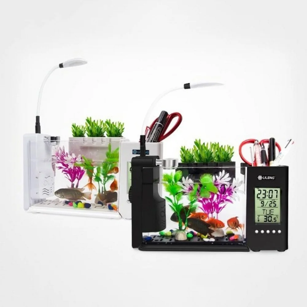 Мини-пластиковый аквариум для аквариумов светодиодный USB Betta аквариумные рыбки с держателем для ручки ЖК-дисплей экран и часы