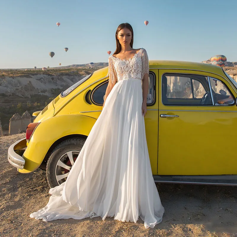 Женское свадебное платье кружевное шифоновое с бисером лето 2018|de noiva|vestidos degown lace |