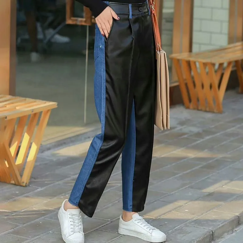 TWOTWINSTYLE Лоскутные Джинсовые брюки из искусственной кожи для женщин Высокая талия