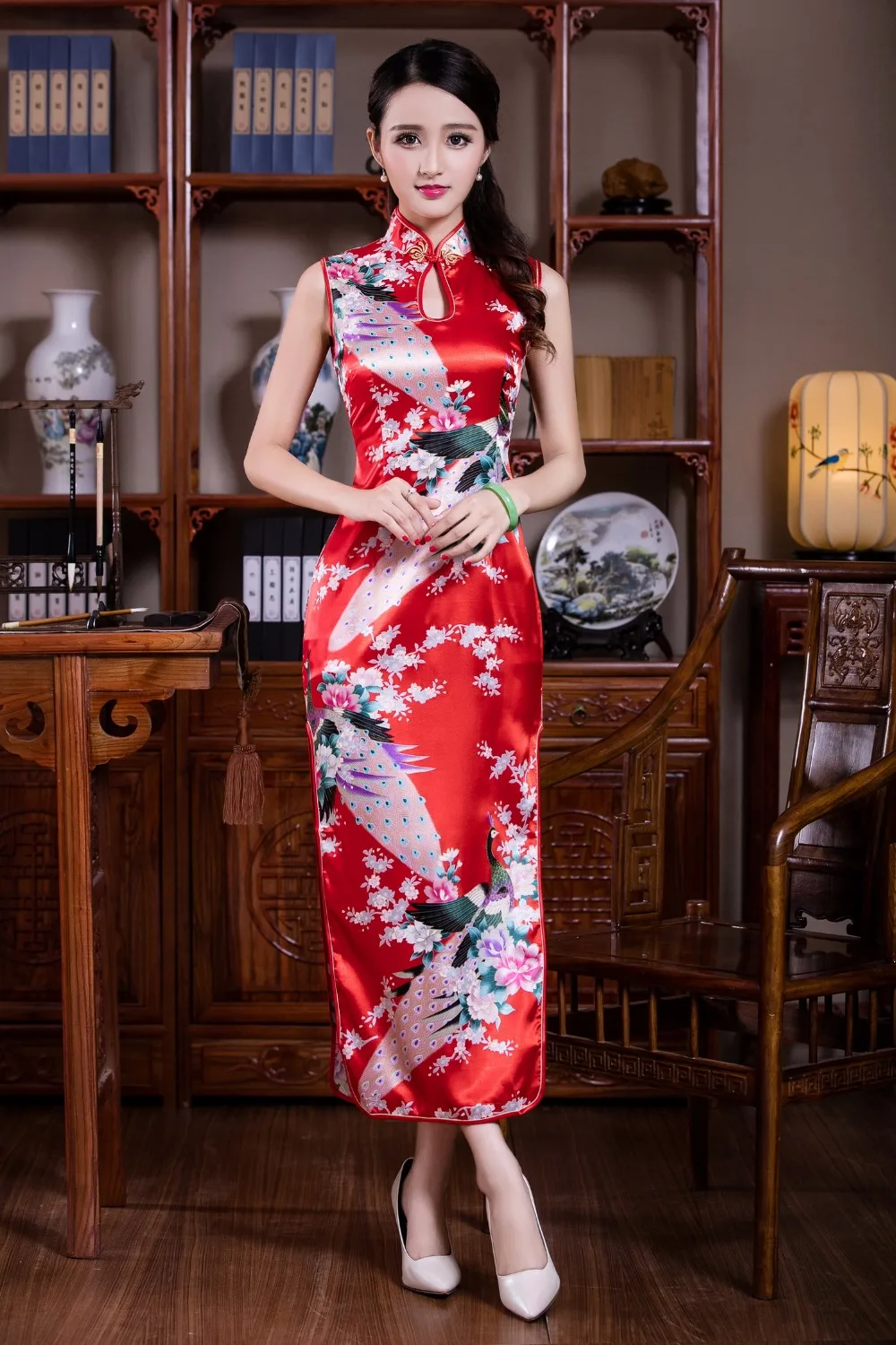 

Shanghai Story hot sale faux silk chinese traditional long sleeveless dresses cheongsam dress peacock printed Dress 4color JY053