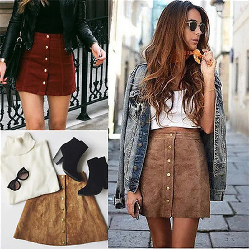 

Fashion Suede Leather Women Skirt High Waist Lace Up Button Pocket Preppy Women Girl Solid Bodycon Pencil Mini Skirt