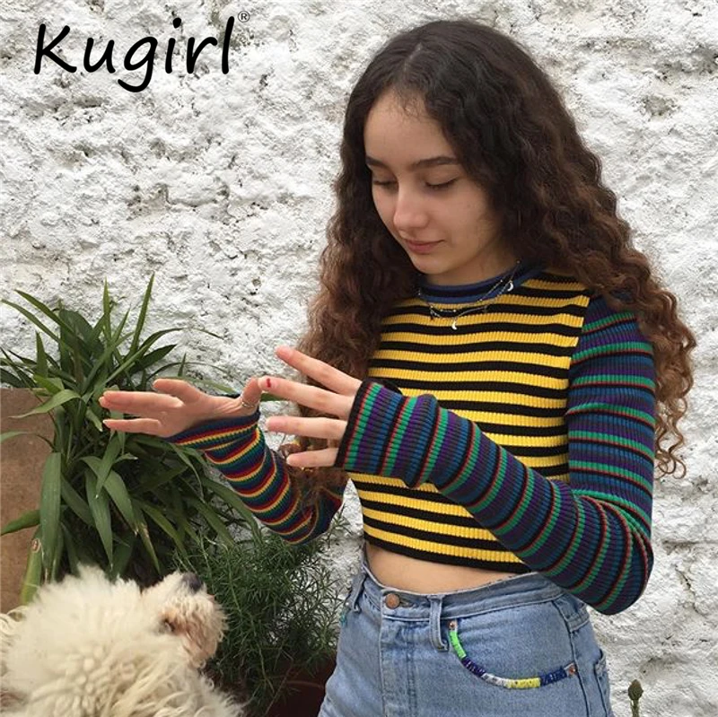 Женская футболка в цветную полоску Kugirl облегающая укороченная с длинными