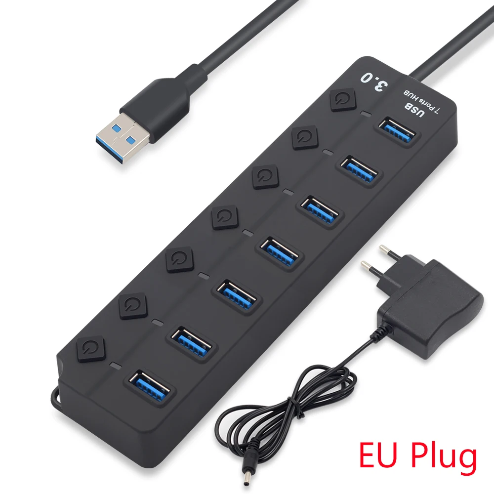 Usb-хаб 3,0 высокоскоростной 4/7 порт USB 3,0 концентратор разветвитель вкл/выкл переключатель с ЕС/США адаптер питания для MacBook ноутбука ПК - Цвет: 7 ports EU Plug