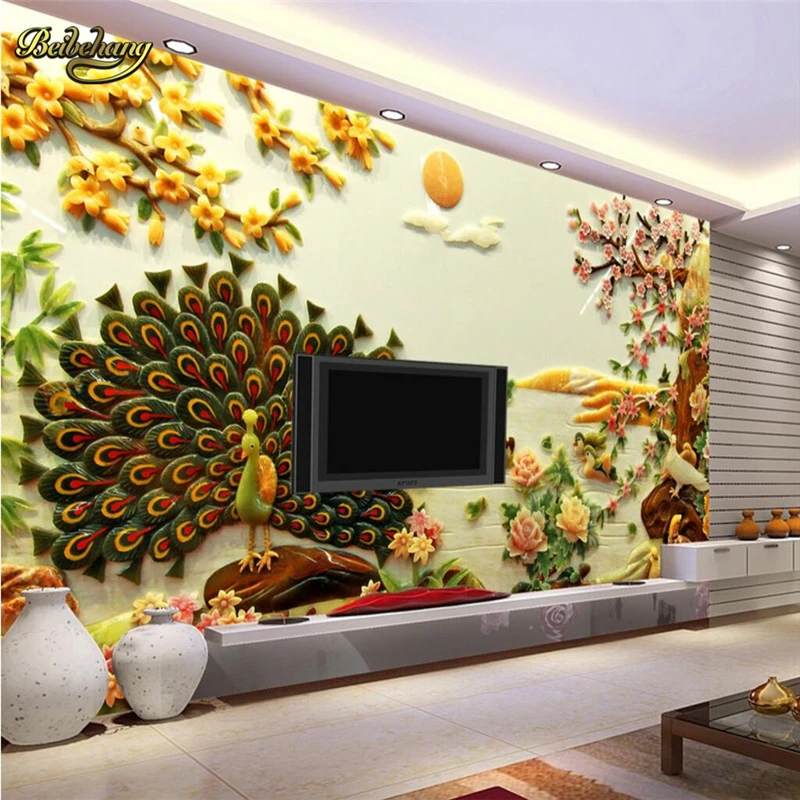 Фотообои beibehang с изображением нефрита резьбы пиона цветов павлина фотообои для