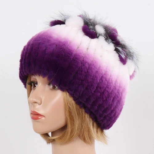 WHITE AND PURPLE Бренд, хороший эластичный Настоящий мех кролика, шапка, зимняя, вязаная, для девушек, натуральные шапки из меха кролика Рекс, для русских женщин, с лисьим мехом, шапки - Цвет: WHITE AND PURPLE
