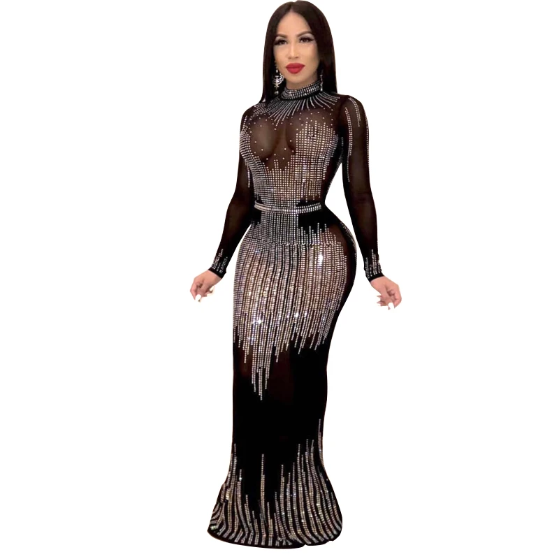 Женское длинное платье макси со стразами элегантное дизайнерское вечернее с