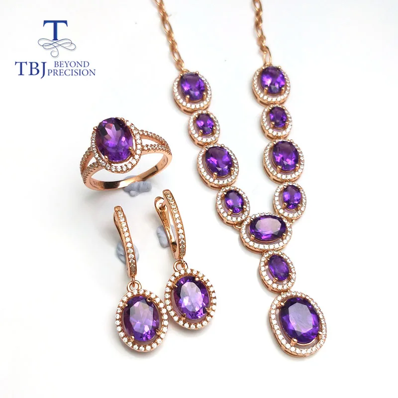 natural amethyst TBJ, простой классический комплект ювелирных изделий, ожерелье, кольцо, серьги с натуральный аметистовый драгоченный камень из серебра 925 пробы, специальное ювелирное изделие, подарок для женщин - Цвет камня: natural amethyst