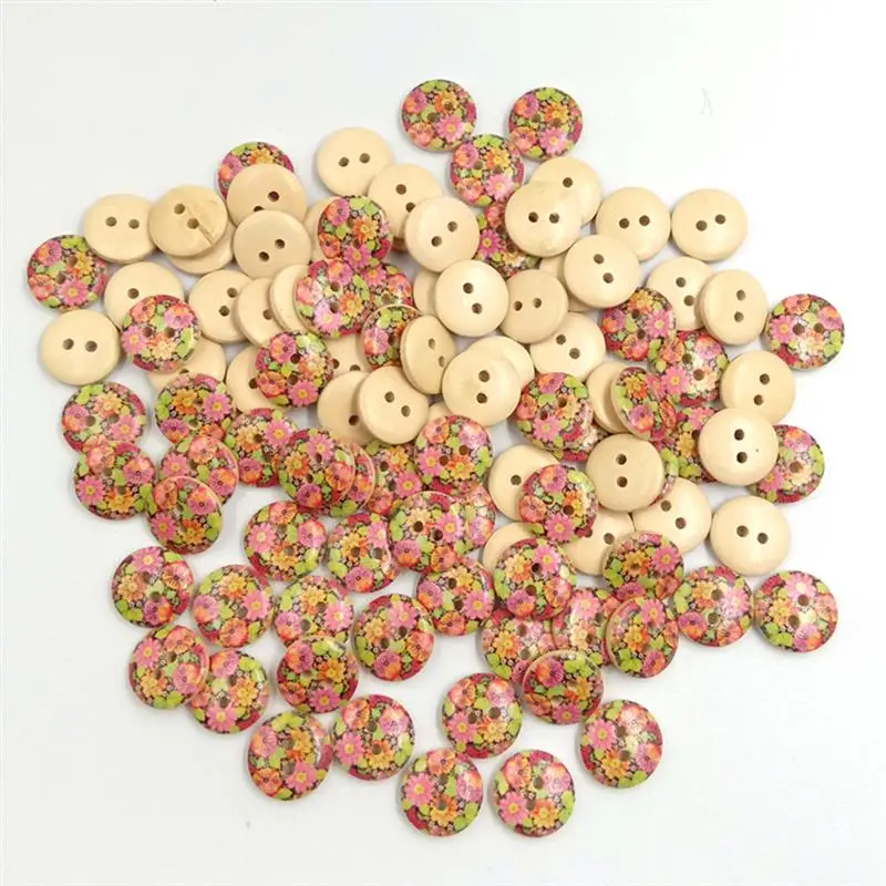 2 Holes 15MM 100PC Wooden Buttons Environmental Single Painted DIY Cartoon Flower Pattern Log Snaps Press Studs | Дом и сад