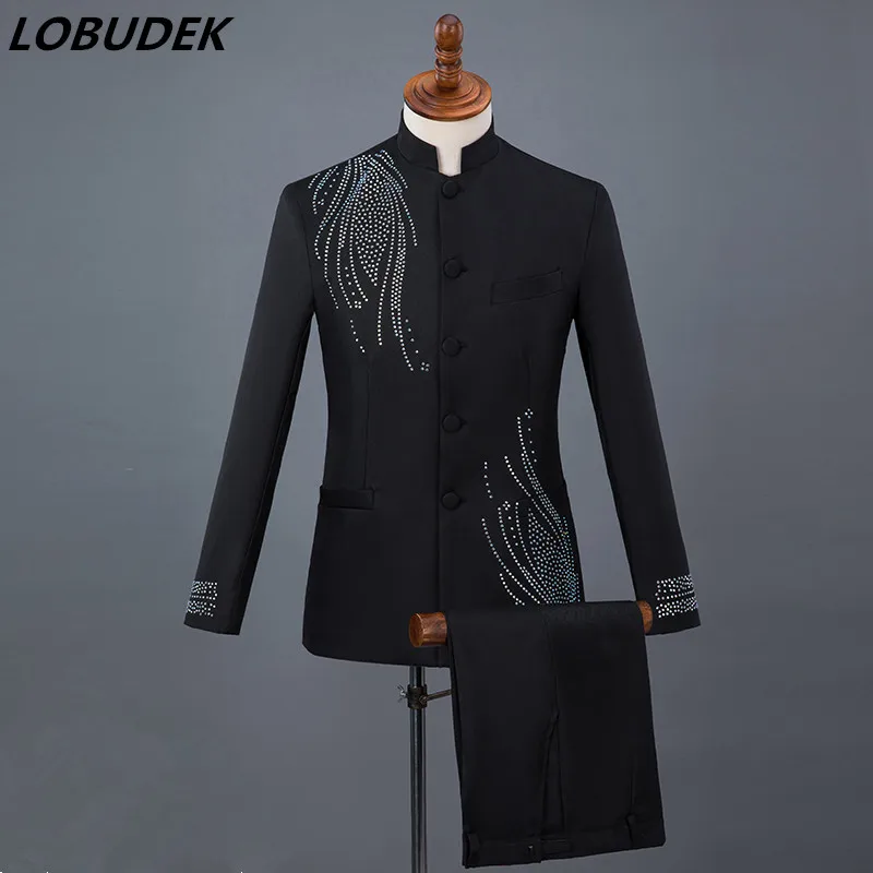 Chinese style (Jacket+pants) Male Suits Black Crystals singer Chorus Host stage outfit Wedding Groom Studio performance Costume