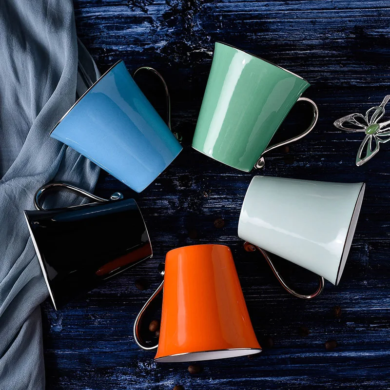 GLLead Silvering Hand Shank Ceramic Mug Simple Creative Coffee Mugs Office Tea Cup Porcelain 300ml Drinkware