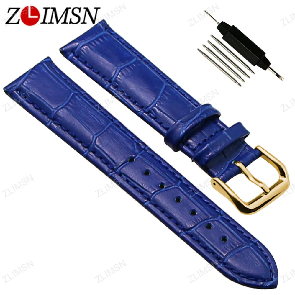blue gold ZLIMSN, синие Ремешки для наручных часов из натуральной кожи, 12, 14, 16, 18, 20 мм, женские Ремешки для наручных часов, розовое золото, Серебряная Пряжка, Сменные аксессуары для часов - Цвет ремешка: blue gold