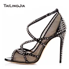 Сексуальные женские ажурные чулки черного цвета туфли-лодочки на высоком каблуке с шипами, с открытым носком, с ремешками, 2021 сетчатые туфли-лодочки телесного цвета, женские туфли на шпильке, большие размеры