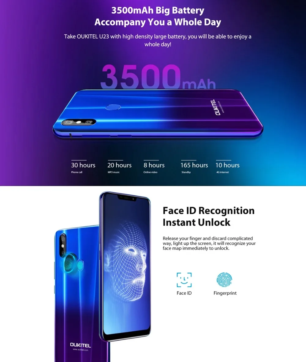 OUKITEL U23, 4G мобильный телефон, Android 8,1, 6 ГБ ОЗУ, 64 Гб ПЗУ, восьмиядерный смартфон MTK6763T, 6,18 дюйма, Беспроводная зарядка, для лица, ID, сотовый телефон