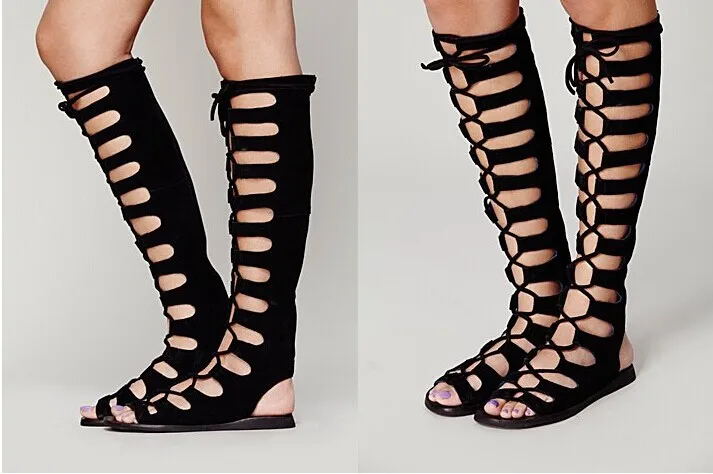 Новая мода Весна Осень над коленом сапоги Полых обувь плоским peep toe туфли На