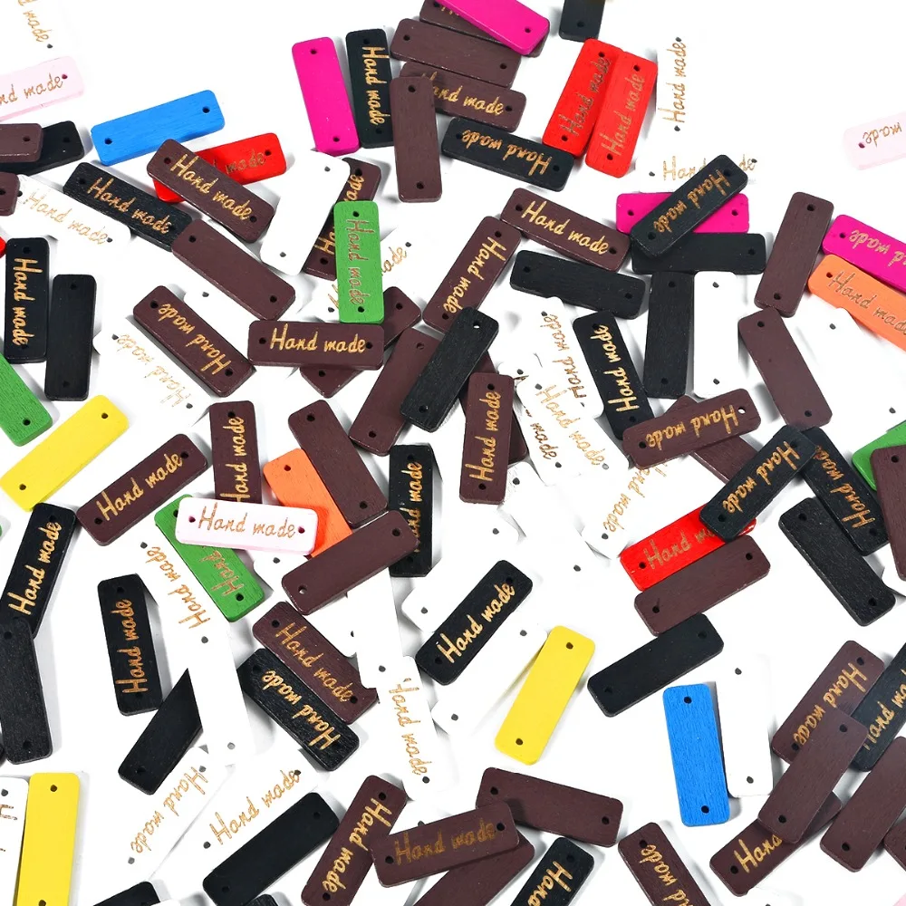 50Pcs/lot mixed 4 Sizes Wooden Button "Hand Made" tags Wood Sewing Accessories For Clothes Handmade Scrapbooking Craft DIY